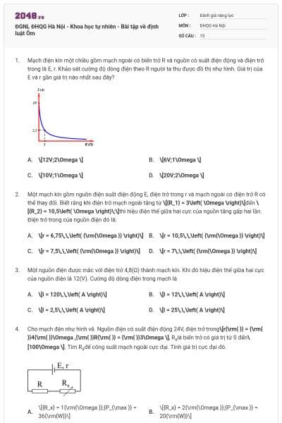 ĐGNL ĐHQG Hà Nội - Khoa học tự nhiên - Bài tập về định luật Ôm