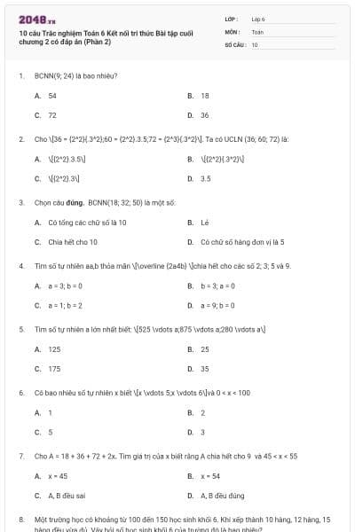 10 câu Trắc nghiệm Toán 6 Kết nối tri thức Bài tập cuối chương 2 có đáp án (Phần 2)