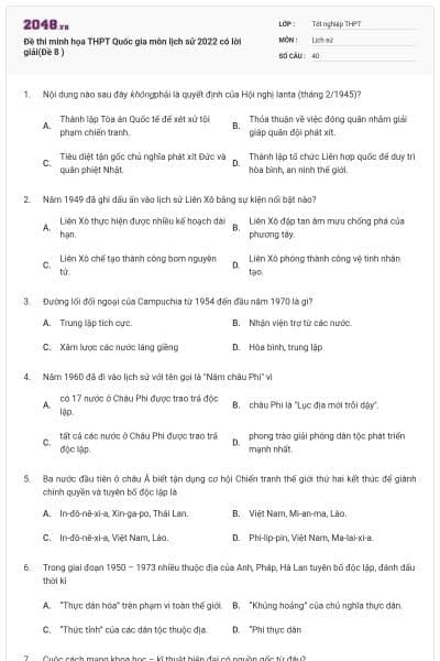 Đề thi minh họa THPT Quốc gia môn lịch sử 2022 có lời giải(Đề 8 )