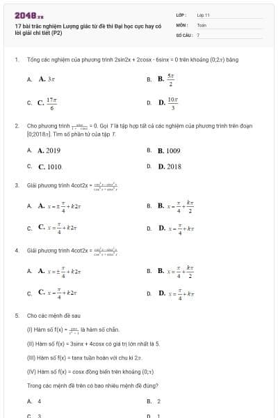 17 bài trắc nghiệm Lượng giác từ đề thi Đại học cực hay có lời giải chi tiết (P2)