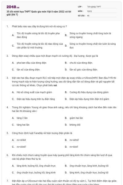 35 đề minh họa THPT Quốc gia môn Vật lí năm 2022 có lời giải (Đề 7)