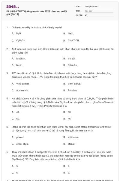 Đề thi thử THPT Quốc gia môn Hóa  2022 chọn lọc, có lời giải (Đề 11)