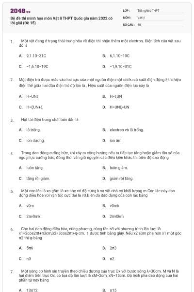 Bộ đề thi minh họa môn Vật lí THPT Quốc gia năm 2022 có lời giải (Đề 15)