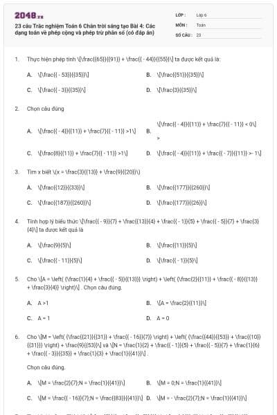 23 câu Trắc nghiệm Toán 6 Chân trời sáng tạo Bài 4: Các dạng toán về phép cộng và phép trừ phân số (có đáp án)