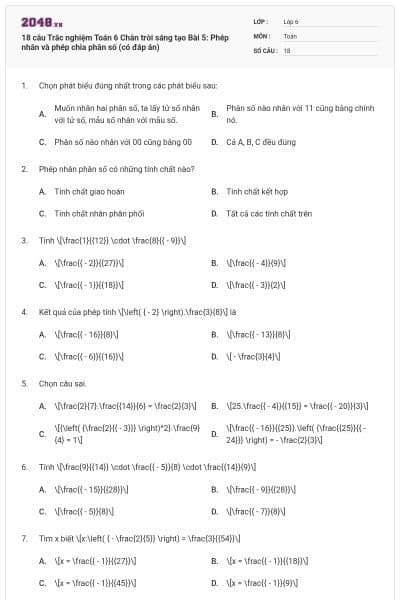 18 câu Trắc nghiệm Toán 6 Chân trời sáng tạo Bài 5: Phép nhân và phép chia phân số (có đáp án)