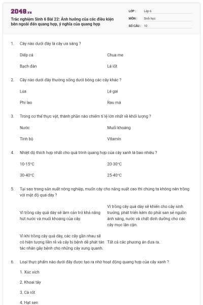 Trắc nghiệm Sinh 6 Bài 22: Ảnh hưởng của các điều kiện bên ngoài đến quang hợp, ý nghĩa của quang hợp