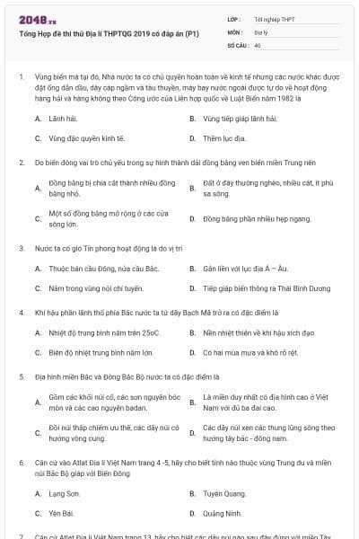 Tổng Hợp đề thi thử Địa lí THPTQG 2019 có đáp án (P1)