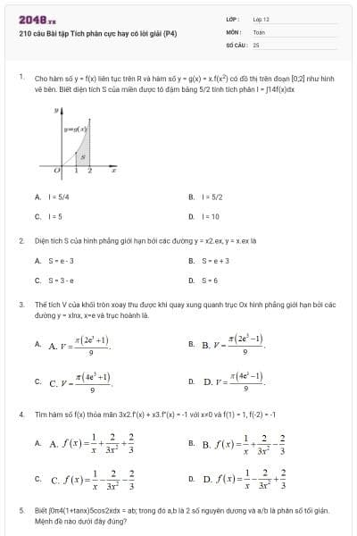 210 câu Bài tập Tích phân cực hay có lời giải (P4)