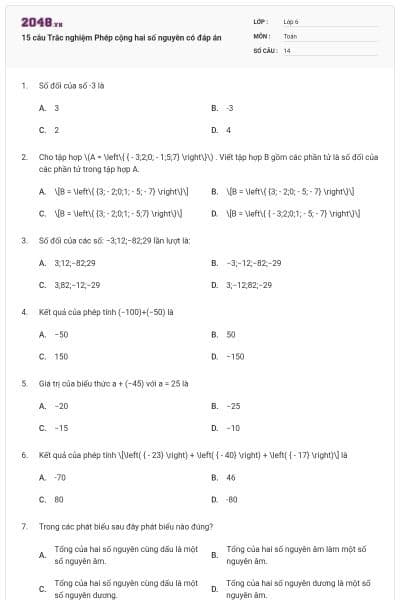 15 câu Trắc nghiệm Phép cộng hai số nguyên có đáp án