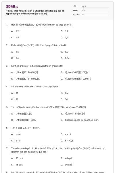 10 câu Trắc nghiệm Toán 6 Chân trời sáng tạo Bài tập ôn tập chương 6: Số thập phân (có đáp án)