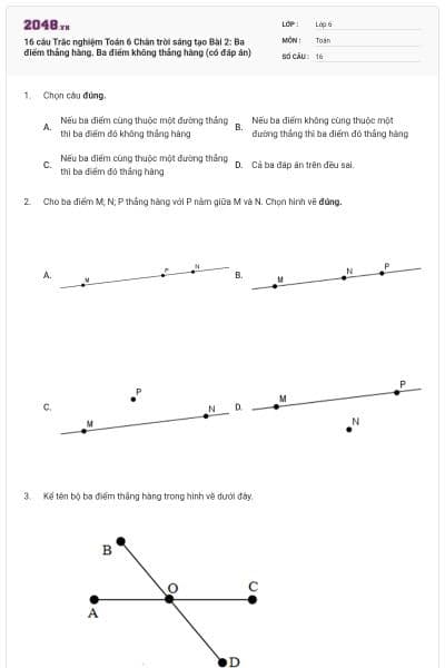 16 câu Trắc nghiệm Toán 6 Chân trời sáng tạo Bài 2: Ba điểm thẳng hàng. Ba điểm không thẳng hàng (có đáp án)