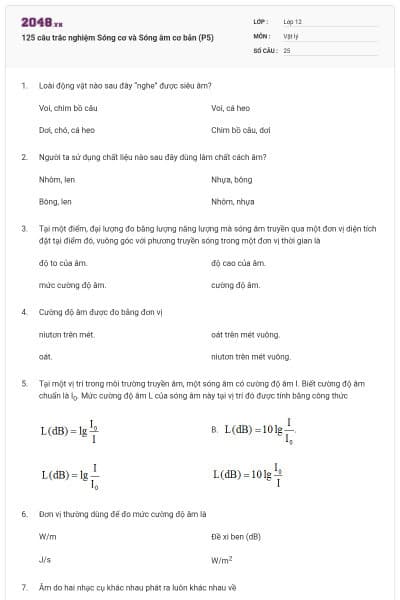 125 câu trắc nghiệm Sóng cơ và Sóng âm cơ bản (P5)