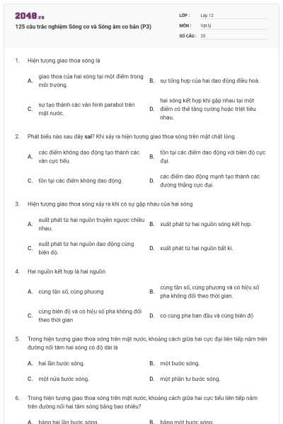 125 câu trắc nghiệm Sóng cơ và Sóng âm cơ bản (P3)