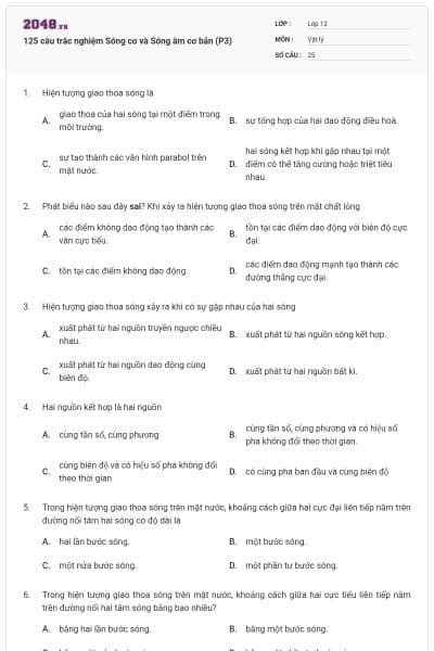 125 câu trắc nghiệm Sóng cơ và Sóng âm cơ bản (P3)