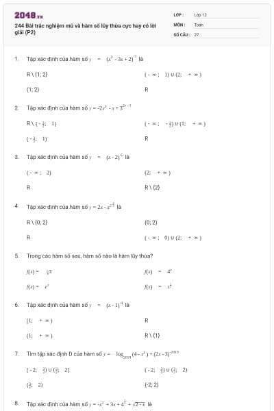 244 Bài trắc nghiệm mũ và hàm số lũy thừa cực hay có lời giải (P2)