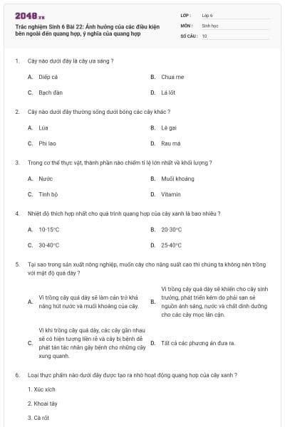 Trắc nghiệm Sinh 6 Bài 22: Ảnh hưởng của các điều kiện bên ngoài đến quang hợp, ý nghĩa của quang hợp