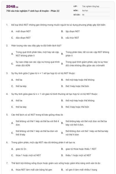 750 câu trắc nghiệm Y sinh học di truyền - Phần 22
