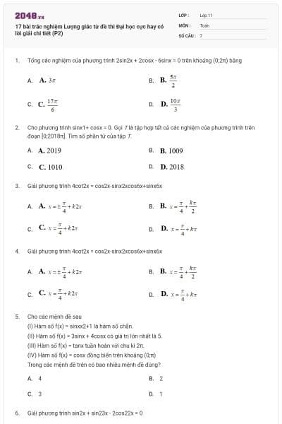 17 bài trắc nghiệm Lượng giác từ đề thi Đại học cực hay có lời giải chi tiết (P2)