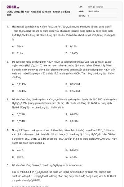 ĐGNL ĐHQG Hà Nội - Khoa học tự nhiên - Chuẩn độ dung dịch