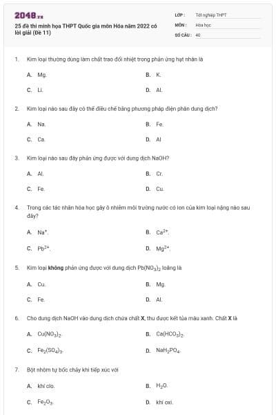 25 đề thi minh họa THPT Quốc gia môn Hóa năm 2022 có lời giải (Đề 11)