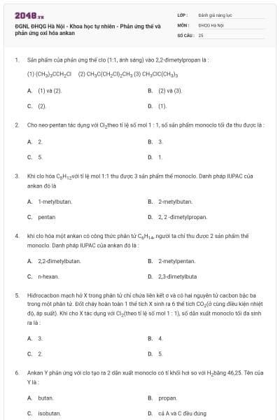 ĐGNL ĐHQG Hà Nội - Khoa học tự nhiên - Phản ứng thế và phản ứng oxi hóa ankan