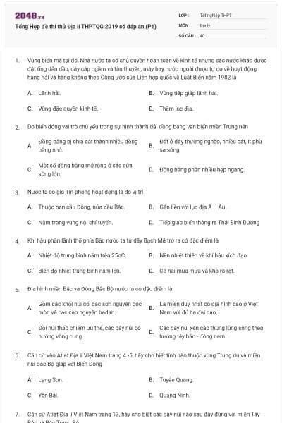Tổng Hợp đề thi thử Địa lí THPTQG 2019 có đáp án (P1)