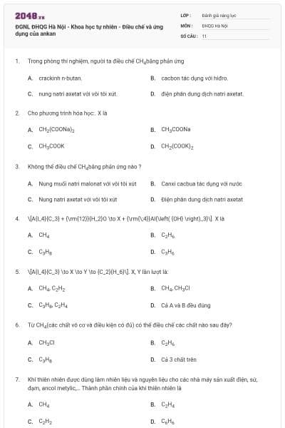 ĐGNL ĐHQG Hà Nội - Khoa học tự nhiên - Điều chế và ứng dụng của ankan