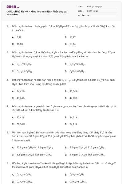 ĐGNL ĐHQG Hà Nội - Khoa học tự nhiên - Phản ứng oxi hóa anken