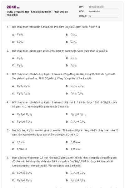 ĐGNL ĐHQG Hà Nội - Khoa học tự nhiên - Phản ứng oxi hóa ankin