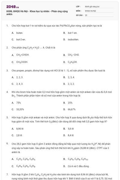 ĐGNL ĐHQG Hà Nội - Khoa học tự nhiên - Phản ứng cộng ankin