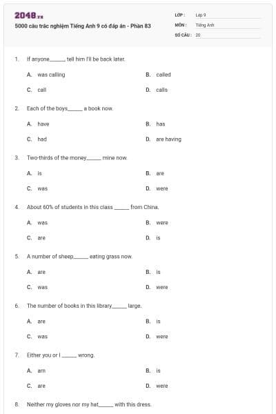 5000 câu trắc nghiệm Tiếng Anh 9 có đáp án - Phần 83