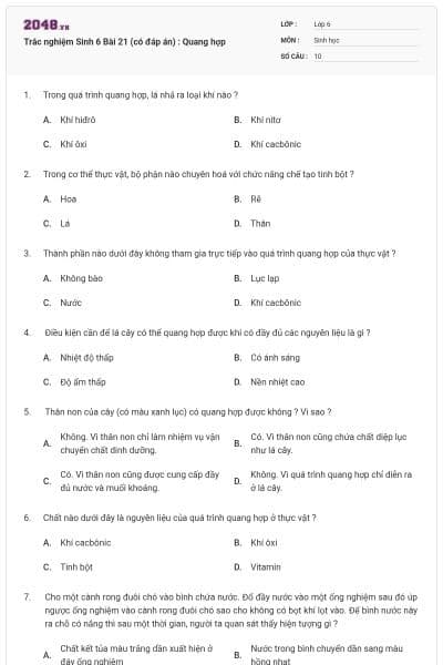 Trắc nghiệm Sinh 6 Bài 21 (có đáp án) : Quang hợp