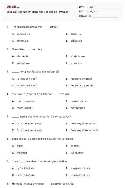 5000 câu trắc nghiệm Tiếng Anh 9 có đáp án - Phần 84