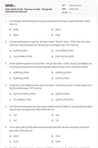 ĐGNL ĐHQG Hà Nội - Khoa học tự nhiên - Bài tập tính lưỡng tính của aminoaxit