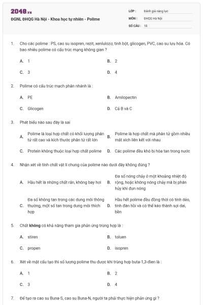 ĐGNL ĐHQG Hà Nội - Khoa học tự nhiên - Polime