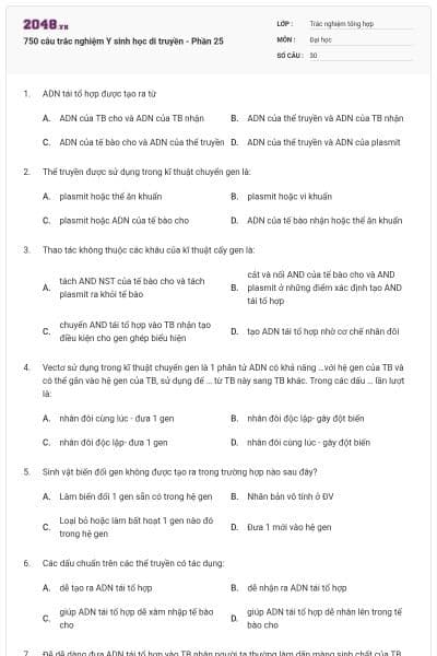 750 câu trắc nghiệm Y sinh học di truyền - Phần 25