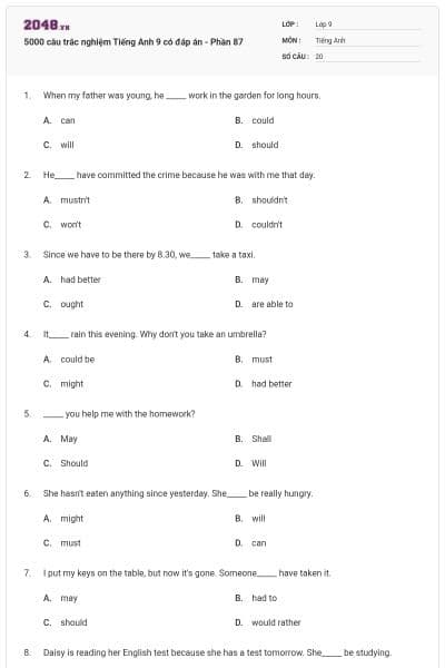 5000 câu trắc nghiệm Tiếng Anh 9 có đáp án - Phần 87