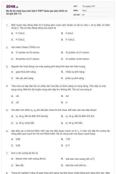 Bộ đề thi minh họa môn Vật lí THPT Quốc gia năm 2022 có lời giải (Đề 17)