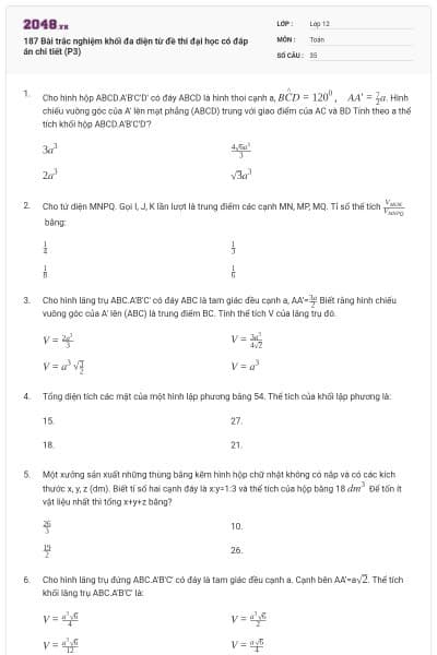 187 Bài trắc nghiệm khối đa diện từ đề thi đại học có đáp án chi tiết (P3)