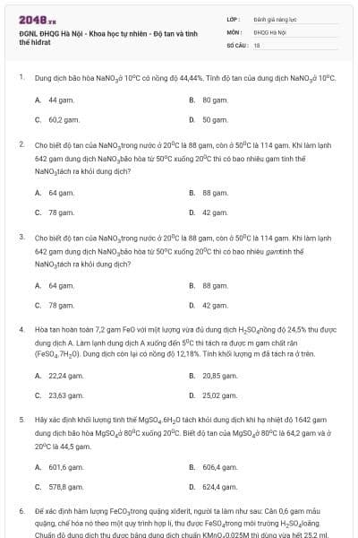 ĐGNL ĐHQG Hà Nội - Khoa học tự nhiên - Độ tan và tinh thể hiđrat