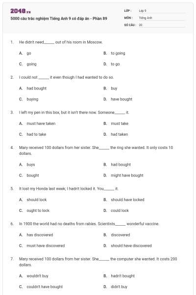 5000 câu trắc nghiệm Tiếng Anh 9 có đáp án - Phần 89