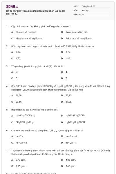 Đề thi thử THPT Quốc gia môn Hóa  2022 chọn lọc, có lời giải (Đề 12)