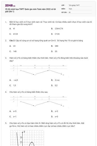 35 đề minh họa THPT Quốc gia môn Toán năm 2022 có lời giải (Đề 1)