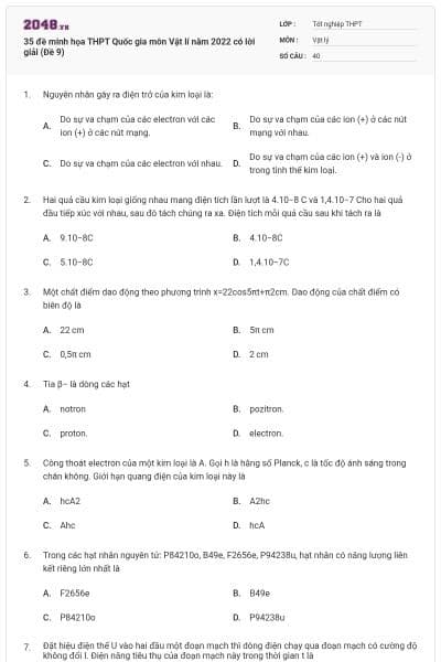 35 đề minh họa THPT Quốc gia môn Vật lí năm 2022 có lời giải (Đề 9)