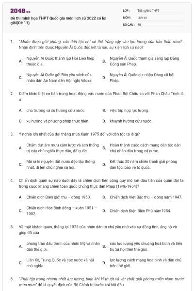 Đề thi minh họa THPT Quốc gia môn lịch sử 2022 có lời giải(Đề 11)