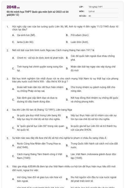 Đề thi minh họa THPT Quốc gia môn lịch sử 2022 có lời giải(Đề 12)