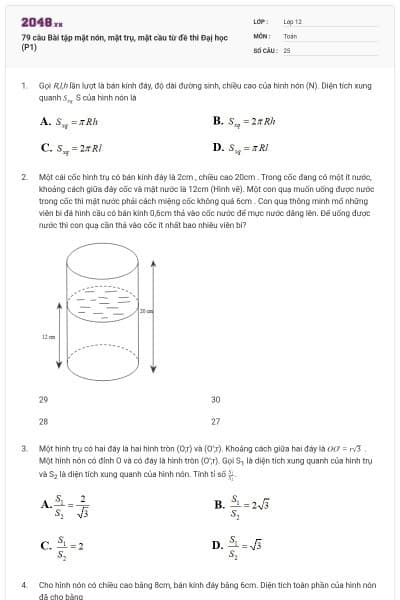 79 câu Bài tập mặt nón, mặt trụ, mặt cầu từ đề thi Đạị học (P1)