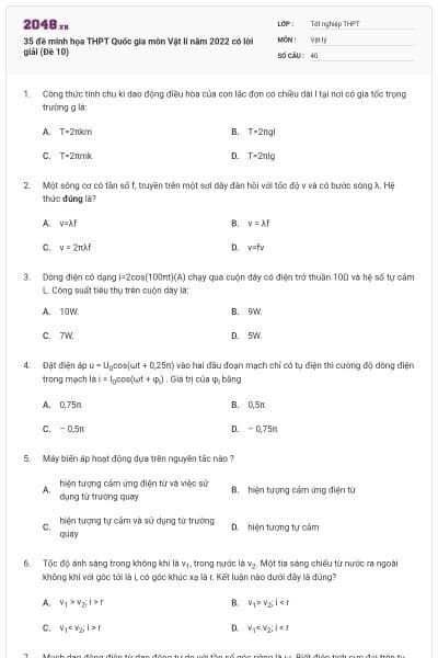 35 đề minh họa THPT Quốc gia môn Vật lí năm 2022 có lời giải (Đề 10)