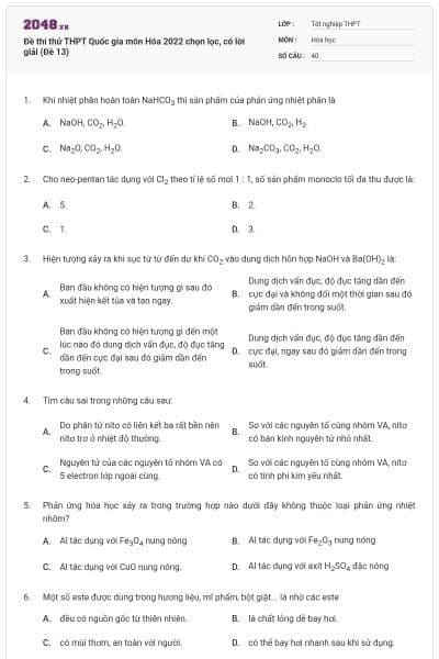 Đề thi thử THPT Quốc gia môn Hóa 2022 chọn lọc, có lời giải (Đề 13)
