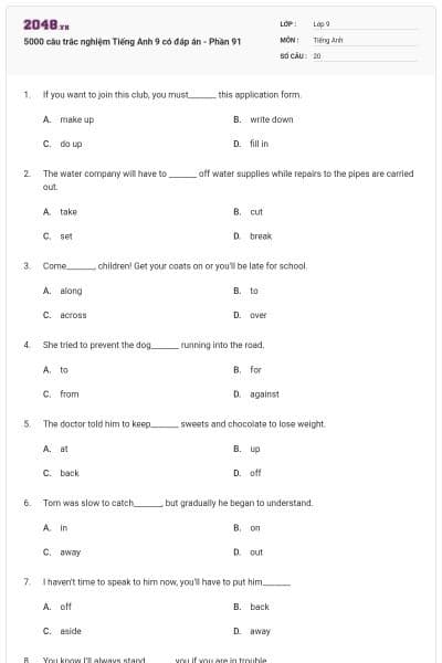 5000 câu trắc nghiệm Tiếng Anh 9 có đáp án - Phần 91